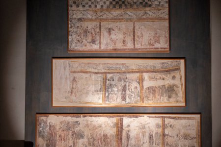 Photo for 14th century Ceresola wall paintings, fresco torn and transferred to canvas, come from the church of Santa Maria de Ceresola, linear gothic, Diocesan Museum of Jaca, Huesca, Spain - Royalty Free Image