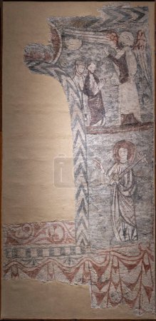Photo for Saint Peter with the key to heaven, wall paintings from Sorripas, 14th century, fresco torn and transferred to canvas, come from the church of San Andres de Sorripas, Diocesan Museum of Jaca, Huesca, Spain - Royalty Free Image