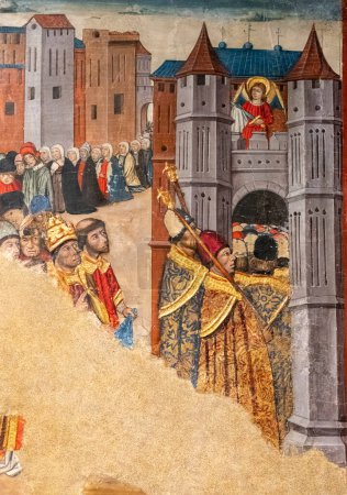 Photo for Saint Gregory the Great in prayer procession in front of the castle of Sant Angelo in Rome, panels of San Miguel, XV century, tempera with oil touches on panel, Juan de la Abadia el Mayor, parish church of Abena,, Diocesan Museum of Jaca, Huesca, Spa - Royalty Free Image