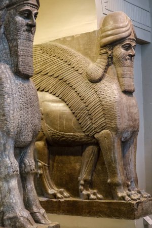 Photo for Winged human-headed bull and winged human-headed lion, Assyrian, 865-860 BC, from Nimrud north west palace, British museum, London, England, Great Britain - Royalty Free Image