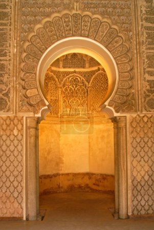 Photo for Patio central decorado con madera de cedro tallada.Madrasa Ben Youssef (S.XIV). Marrakech. Marruecos. Magreb. Africa. - Royalty Free Image