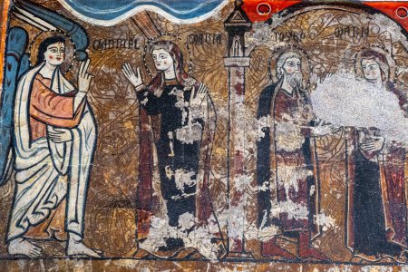 Photo for Annunciation of the archangel Saint Gabriel and marriage of Saint Joseph, altar frontal of Santa Maria de Iguacel, XIII century, tempera painting on pine wood, Diocesan Museum of Jaca, Huesca, Spain - Royalty Free Image