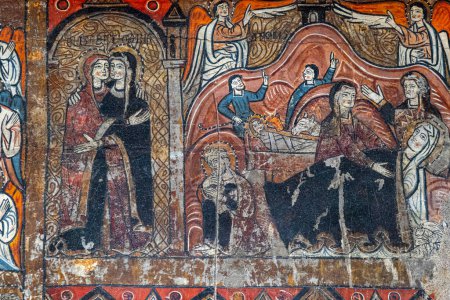 Photo for Visitation and birth of Jesus, altar frontal of Santa Maria de Iguacel, XIII century, tempera painting on pine wood, Diocesan Museum of Jaca, Huesca, Spain - Royalty Free Image