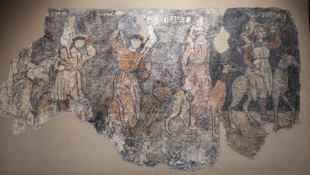 Photo for Seven deadly sins,, Sieso wall paintings, 16th century, fresco torn off and transferred to canvas, come from the church of San Miguel Arcangel in Sieso, Diocesan Museum of Jaca, Huesca, Spain - Royalty Free Image