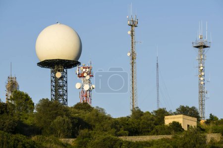 Photo for Torres de telecomunicaciones y radar. Puig de Randa, Algaida, Mallorca, Spain - Royalty Free Image