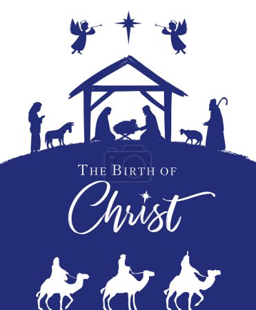The Birth of Christ, Christmas nativity scene with manger and lettering. Mary, Joseph and baby Jesus in a manger, star of Bethlehem, three Wise men, shepherds, angels. Holy Night vector illustration