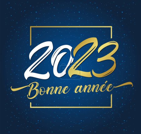 Illustration for Bonne Annee french text - Happy New Year 2023 holiday card. Stylish calligraphy golden 20 and 23 digits vector illustration for holiday Happy New Year. Luxury greeting banner or poster - Royalty Free Image