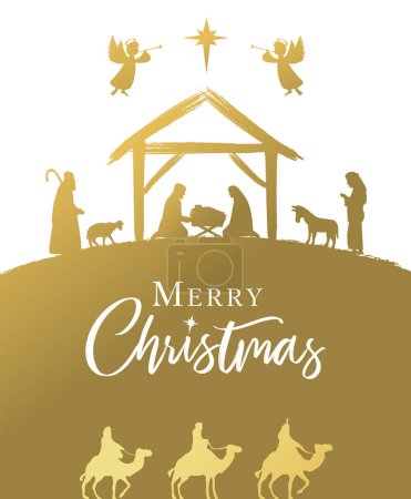 Feliz Navidad belén de oro con Sagrada Familia y caligrafía. María, José, Niño Jesús, pastores y sabios en silueta con ángeles y estrella de Belén. Ilustración vectorial
