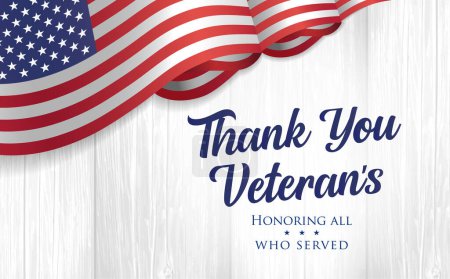 Illustration for Thank You Veterans, greeting card with flag on wooden plank. Veterans day, Honoring all who served. Web banner with text and flag USA. Vector illustration - Royalty Free Image