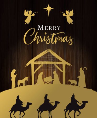Golden Nativity scene with Holy family and Merry Christmas calligraphy on wooden texture. Jesus in manger, Mary, Joseph, wisemen, shepherds, angels and Bethlehem star. Vector illustration