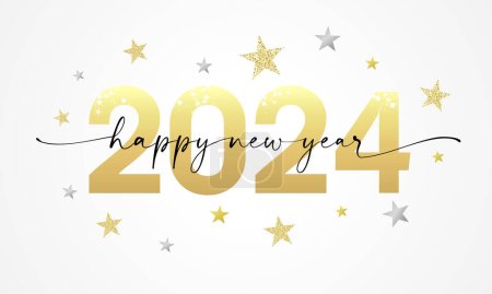 Feliz Año Nuevo 2024 guion de letras y brillo dorado de las estrellas. Plantilla de diseño de lujo del número 2024. Nuevos símbolos de año 2024. dígitos vectoriales creativos aislados sobre fondo blanco
