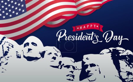 Illustration for Happy Presidents Day card with flag and  Mount Rushmore. President's Day typography design for poster or banner. Vector illustration - Royalty Free Image