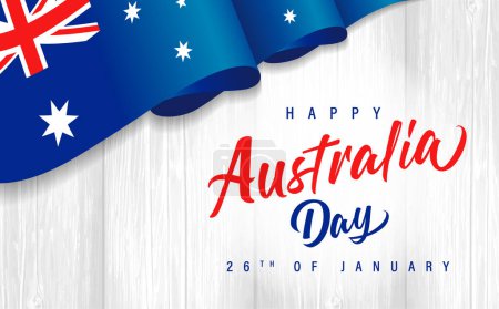 Téléchargez les illustrations : Happy Australia Day lettering with flag on wooden plank. Calligraphic Australia Day typography for greeting card or poster design. Vector illustration - en licence libre de droit