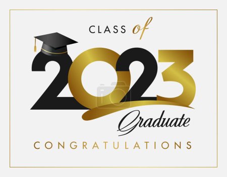 Illustration for Diploma design elements for graduation class of 2023. Cover concept. Prom invitation or greeting card, banner idea. Isolated graphic template. 20 23 golden number and 3D academic hat. - Royalty Free Image
