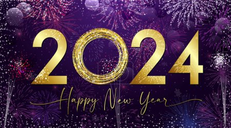 Téléchargez les illustrations : Golden shiny number 2024 and handwritten style text. A Happy New year greeting card concept with glittering background. Christmas night eve celebrating poster. Isolated elements. Graphic design. - en licence libre de droit