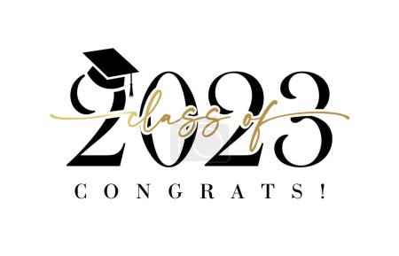 Illustration for Class of 2023 with graduation cap. Congrats Graduation calligraphy lettering, You did it. Template for design party high school or college, graduate invitations or banner - Royalty Free Image