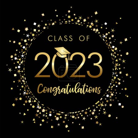 Illustration for Class of 2023 graduation poster with gold glitter confetti and academic hat. Template for design party high school or college, graduate invitations or banner. Vector illustration - Royalty Free Image
