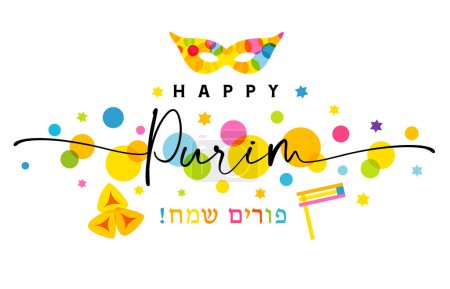 Happy Purim bunte Glückwunschkarte mit kreativer Typografie. Jüdischer Text - Chag Purim Sameach - Frohes Purim, israelischer Feiertag. Vektorillustration