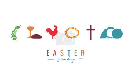 Illustration for Easter Sunday greeting card with Good Friday symbols. Celebrate resurrection, concept for church web banner or holiday flyer. Vector illustration - Royalty Free Image