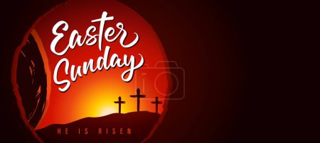 Easter Sunday calligraphy banner, tomb and cross on Calvary. Christ our Passover, lettering and rock rolled away from the cave. Vector illustration