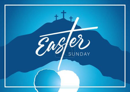 Illustration for Easter Sunday, Holy week - calligraphy poster. Celebrate the resurrection, poster template with Calvary, crosses and open tomb. He is risen, christian design. Vector illustration - Royalty Free Image