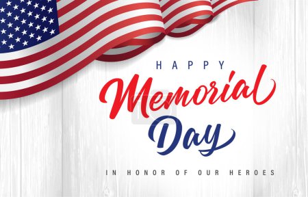 Happy Memorial Day lettering with flag USA on wooden boards. Celebration design for american holiday - In Honor of our Heroes, with USA wave flag and text. Vector illustration