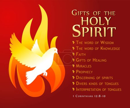 Regalos del Espíritu Santo, la bandera de Pentecostés del domingo. El Espíritu Santo paloma en llamas y texto 1 Corintios 12: 8-10, diseño de invitación para el servicio de adoración o póster. Ilustración vectorial