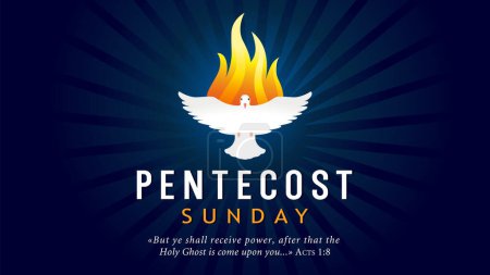 Pentecost Sunday, pigeon Holy Spirit in flame. But ye shall receive power, after that the Holy Ghost. Flying dove in fire, worship poster or banner design. Vector illustration