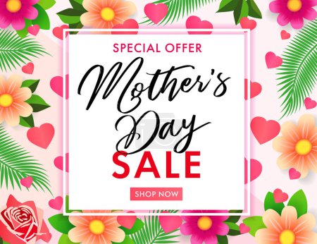 Mothers Day sale banner with flowers, hearts and palm leaves. Special offer for Happy Mother's Day. Concept promotion discount banner or poster. Vector illustration
