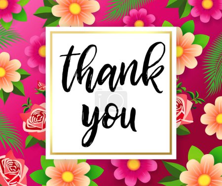Thank you, handwritten card with flowers and leaf. Vector quotes for banner or poster