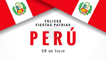 Téléchargez les illustrations : Félicitations Fiestas Patrias Pérou bannière avec drapeaux. Traduction de l'espagnol - Joyeuse fête nationale du Pérou, 28 juillet. Illustration vectorielle - en licence libre de droit