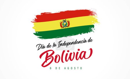 Téléchargez les illustrations : Dia de la Independencia de Bolivia lettrage et drapeau grunge. Traduction de l'espagnol - Jour de l'indépendance de la Bolivie, 6 août. Drapeau en forme de coups de pinceau. Illustration vectorielle - en licence libre de droit
