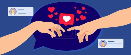 Illustration for Creative social media concept, hands from the creation of Adam. People bringing likes and reactions to a social media profile with hearts, chat and hands. Vector mural - Royalty Free Image