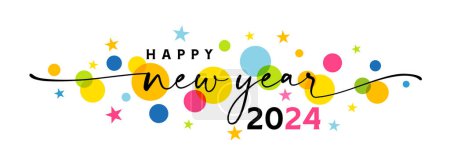 Illustration for Happy new year 2024 greetings banner with swirl ribbons and star. Colorful design creative number 2024. Calendar title concept, isolated graphic icon or poster idea. Vector template - Royalty Free Image