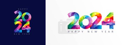 2024 Happy New Year colorful facet typography logo design concept. Xmas greetings with numbers in the form of colored stained glass. Vector illustration