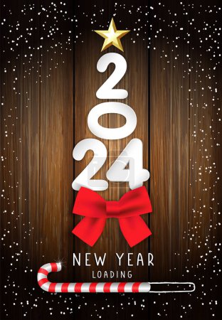 2024 Tarjeta de felicitación de carga de Año Nuevo con números de papel, lazo rojo y estrella dorada. Saludos de Navidad con número 3d 2024 y bastón de caramelo de Navidad en tablones de madera. Ilustración vectorial