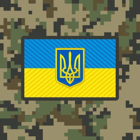 Illustration for Military flag patch of the Ukrainian army on pixel camouflage background. Ukraine 3d flag patch iron on Ukrainian national emblem, embroidered patches for clothing. Vector illustration - Royalty Free Image