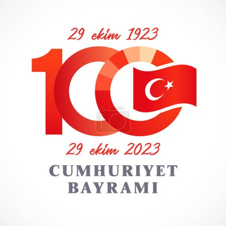 Illustration for 100 years of Republic Day of Turkey October 29. Creative number 100. Turkish state flag. 100th anniversary 1923-2023 banner. Red design. Social media post. Isolated elements. Graphic illustration. - Royalty Free Image