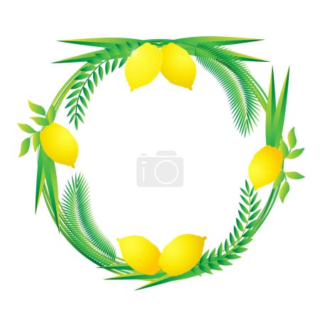 Illustration for Happy Sukkot, etrog and round palm wreath frame. Decoration background for Jewish holiday Sukkot with lulav, arava, hadas. Vector design - Royalty Free Image