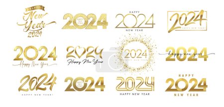 Ilustración de Conjunto de 2024 color dorado Feliz Año Nuevo logo diseño de texto. Ilustración vectorial dorada sobre fondo blanco. Saludos creativos de Navidad de lujo y celebración de año nuevo 2024 - Imagen libre de derechos