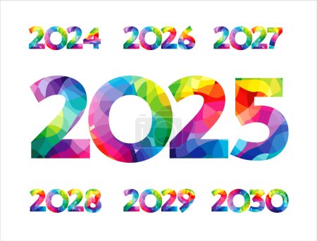Illustration for Set of colorful numbers from 2024 to 2030. Creative icons 2025, 2026, 2027, 2028 and 2029. Calendar or planner title. Business concept. Isolated stained texture. Blue, red, purple, yellow and green. - Royalty Free Image