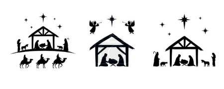 Illustration for Set of holy Christmas scene, christian Nativity silhouettes. Joseph, Mary and Jesus in manger. The birth of Christ, Holy night vector illustration - Royalty Free Image