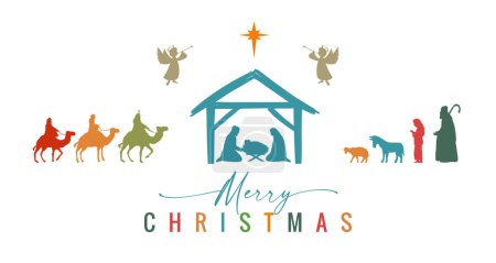 Illustration for Merry Christmas. Mary, Joseph, Jesus in manger, wisemen, shepherds, angels and Bethlehem star. The birth of Christ, Holy night vector colored illustration - Royalty Free Image