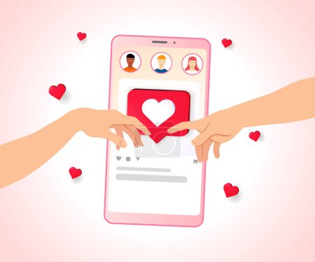 Illustration for Hands reaching out to touch, creation of Adam - Valentine's day social media concept. Smartphone with social network interface, user icons and hands - Royalty Free Image