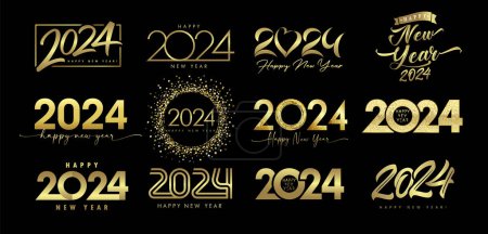 Téléchargez les illustrations : Grand ensemble de 2024 Bonne année, conception de texte logo doré. Signes vectoriels illustrations de luxe de salutations et célébration de la nouvelle année 2024 - en licence libre de droit