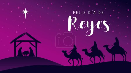Téléchargez les illustrations : Feliz Dia de Reyes - Happy Epiphany, écrit en espagnol. Scène de la Nativité, trois sages, Jésus dans la crèche et l'étoile de Bethléem. Illustration vectorielle - en licence libre de droit