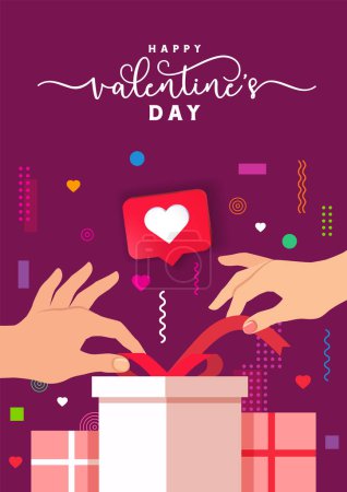 Illustration for Hands and gifts Valentines Day holiday concept. Hands of lovers unpacking gifts on memphis style elements background. Vector design for sale banner - Royalty Free Image