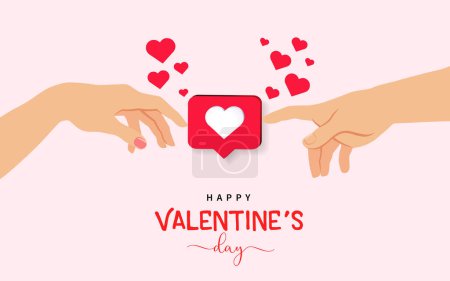 Illustration for Happy Valentines Day concept with hands from creation of Adam and heart like button. Hands of lovers touching the symbol of love. Vector illustration - Royalty Free Image