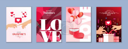Illustration for Creative Valentines Day greeting cards set. Happy Valentine's Day posters, couple hands, gifts, memphis style symbols, love sign and typography. Vector illustration - Royalty Free Image