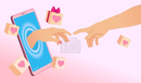 Illustration for Valentines day concept with smartphone and hands from creation of Adam. A couple in love trying to touch hands, promotion product banner. Sale discount vector illustration - Royalty Free Image